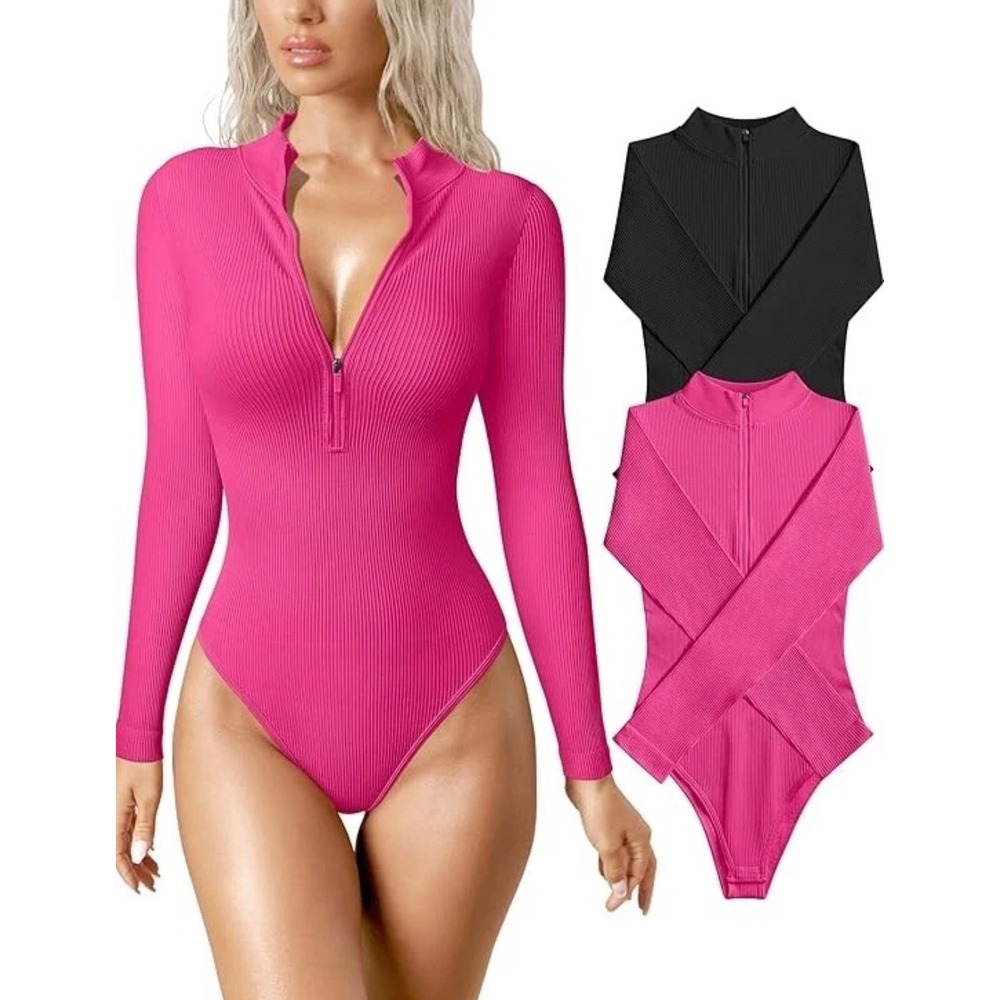 OQQ 2 Pack Ribbed Long Sleeve Bodysuits Pink Black Mock Neck Half Zip Size L